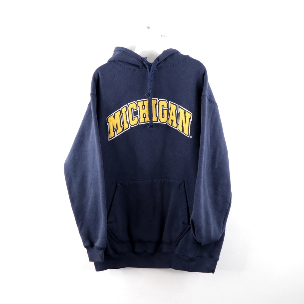 Michigan Stitched Spell Out Faded Hoodie Navy Blue